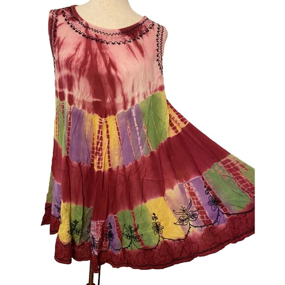 INDIA BOUTIQUE Dress Free Size 100% Rayon Red Colorful Embroidered Boho Hippie - Picture 2 of 11